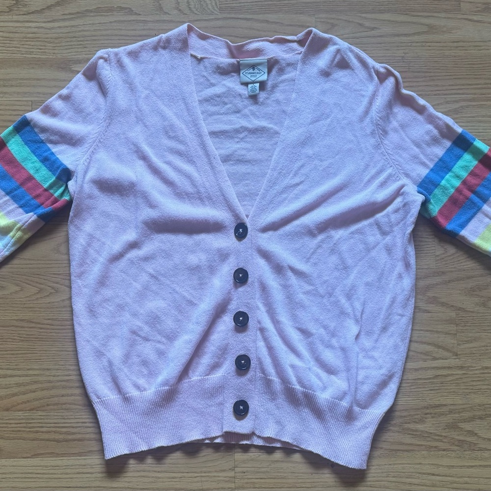 Pink Cardigan with Rainbow Sleeves